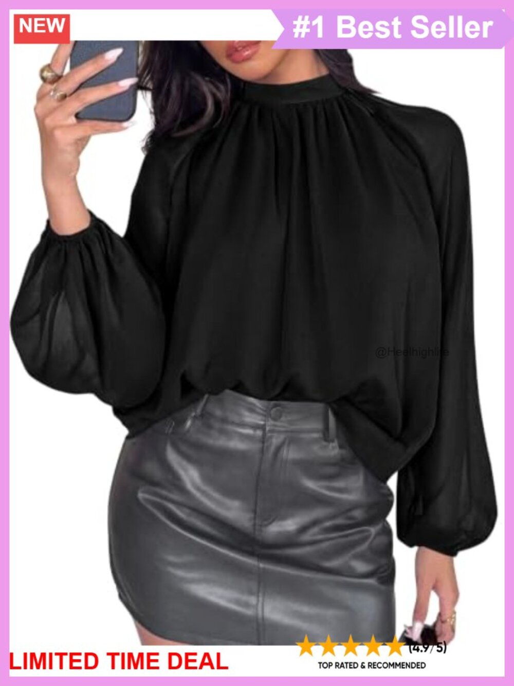 Chiffon Blouse Mock Neck Bishop Sleeve Business Casual Top